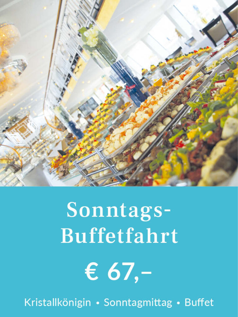 Sonntagsbuffetfahrt ab Regensburg mit der Kristallkönigin. Tickets für 67 Euro pro Person inklusive Buffet. Für mehr Infos oder eine Buchung bitte hier klicken.