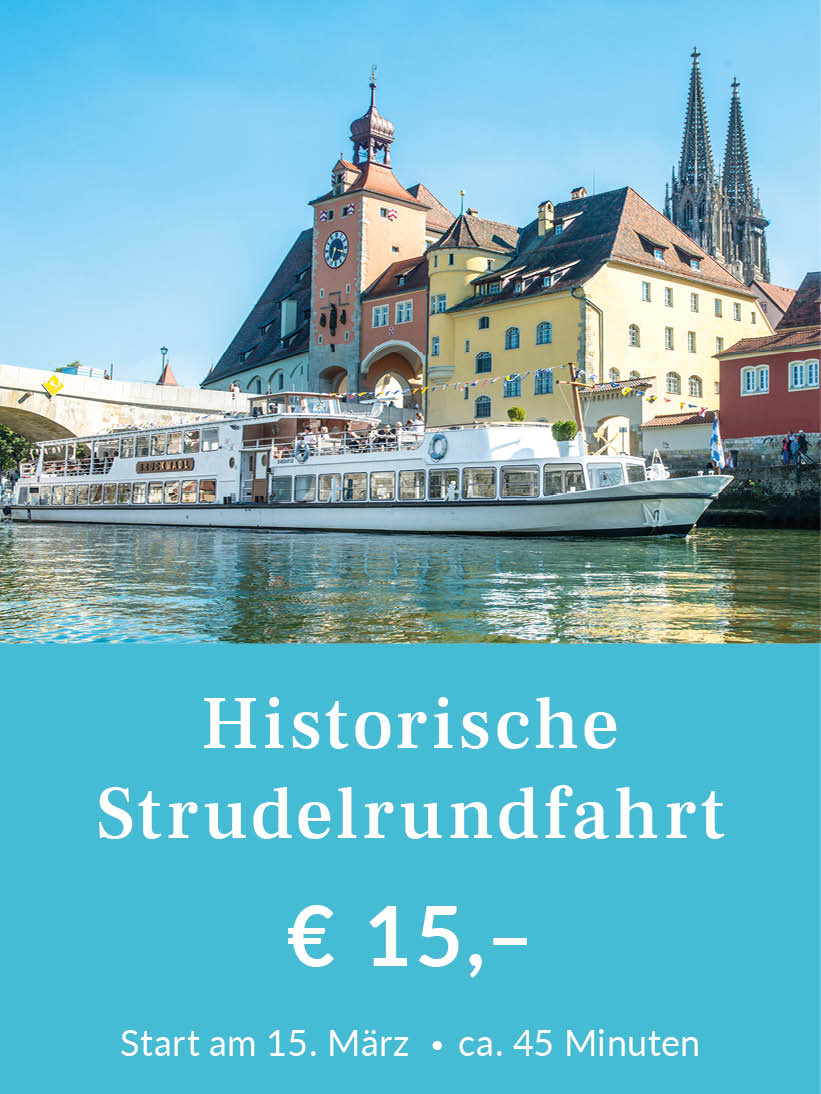 Historische Strudelrundfahrt durch Regensburg mit dem MS Bruckmadl, Dauer ca. 45 Minuten. Start am 15. März. Tickets für 15 Euro pro Person. Für mehr Infos oder eine Buchung bitte hier klicken.